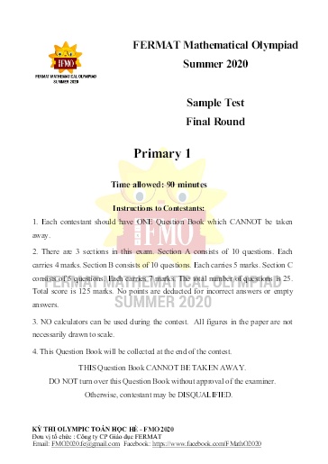 Đề thi FMO mùa hè 2020 Khối 1 (Kèm đáp án)