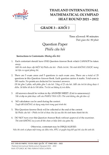 Đề thi vòng chung kết Quốc gia TIMO 2021-2022 Khối 3