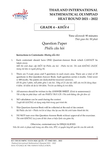 Đề thi vòng nhiệt đới Olympic TIMO 2021-2022 dành cho Khối 4