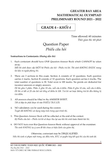 Đề thi vòng sơ khảo Olympic TIMO 2021-2022 dành cho Khối 4
