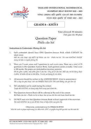 Đề vòng chung kết Quốc gia kỳ thi Olympic toán học Quốc tế TIMO 2022-2023 Khối 8 (Kèm đáp án)