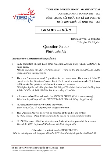 Đề vòng chung kết Quốc gia kỳ thi Olympic toán học Quốc tế TIMO 2022-2023 Khối 9 (Kèm đáp án)