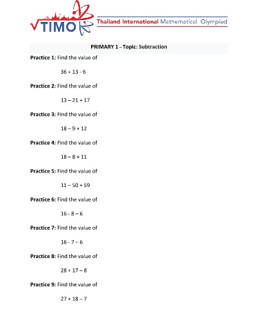 Tài liệu luyện thi toán TIMO dành cho Khối 1 - Topic: Subtraction