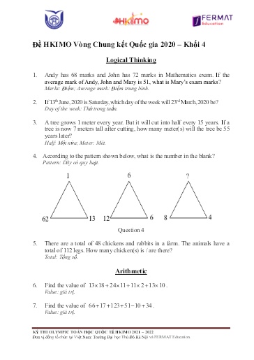Đề HKIMO vòng chung kết quốc gia 2020 Khối 4 (Có đáp án)