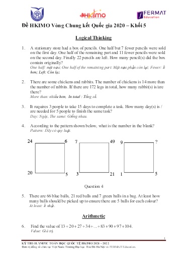 Đề HKIMO vòng chung kết quốc gia 2020 Khối 5 (Có đáp án)