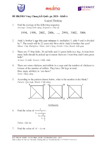 Đề HKIMO vòng chung kết quốc gia 2020 Khối 6 (Có đáp án)