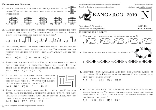 Đề thi Toán Kangaroo 2019 Cấp độ Nipper, Khối 1-2