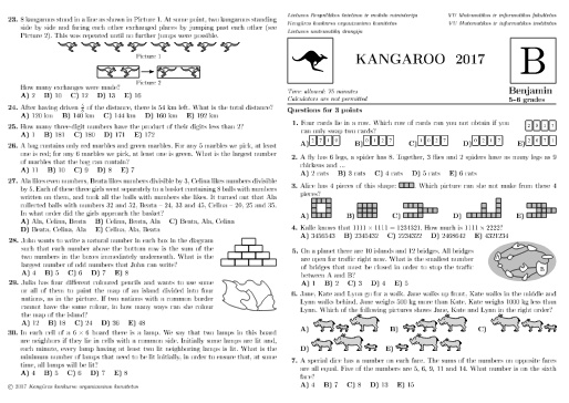 Đề thi Toán Kangaroo năm 2017 Cấp độ Benjamin, Khối 5-6