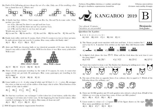 Đề thi Toán Kangaroo năm 2019 Cấp độ Benjamin, Khối 5-6