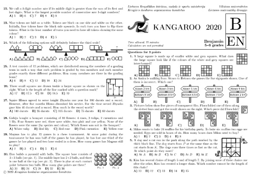 Đề thi Toán Kangaroo năm 2020 Cấp độ Benjamin, Khối 5-6