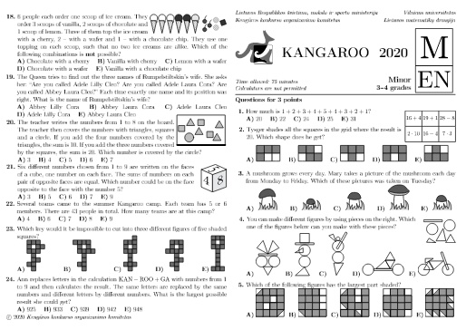 Đề thi Toán Kangaroo năm 2020 Cấp độ Minor, Khối 3-4