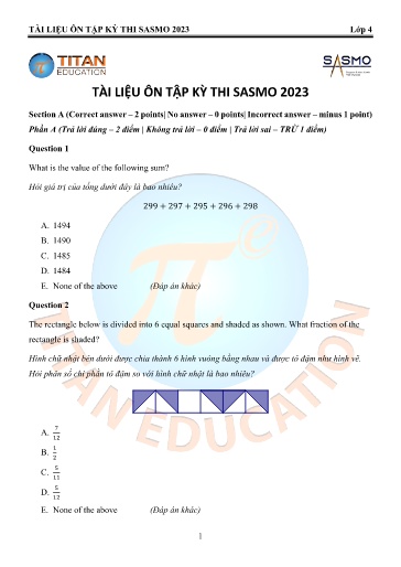 Tài liệu ôn tập kỳ thi Toán học quốc tế SASMO 2023 Lớp 4 (Có đáp án)